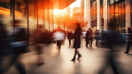 Commuters walking quickly in an urban environment during a vibrant city sunset.