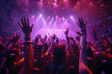 Concert Crowd with Confetti in Dark Pink and Violet, This stock photo is ideal for conveying a fun and festive atmosphere, making it perfect for