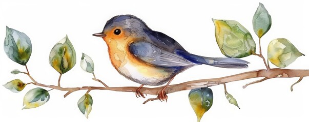 A watercolor painting of a clean little bird sitting quietly on a branch, Clipart isolated on white background