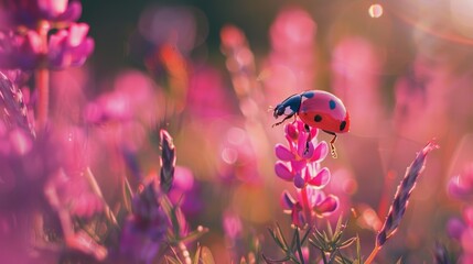 A close-up of a ladybug exploring vibrant pink flowers in a sunlit, colorful natural setting.