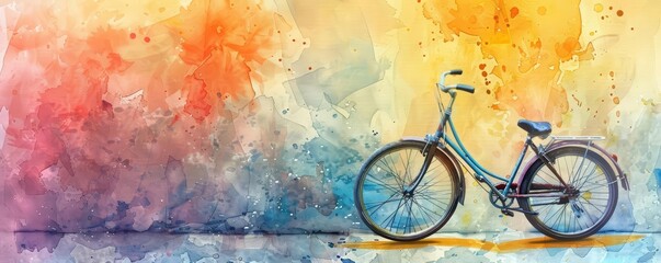 A watercolor painting of a simple bicycle leaning against a colorful wall, Clipart isolated on white background