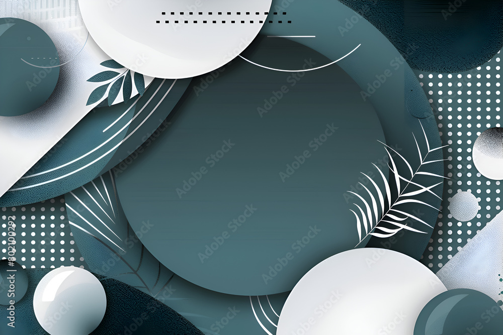 Poster a blue and white background with a green leafy border. the background is a mix of circles and square