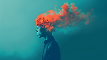 Conceptual image of a male profile with brain transforming into vibrant orange smoke against a teal background.