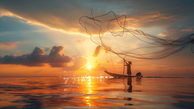 A fisherman casting a net into the sea at dawn.
