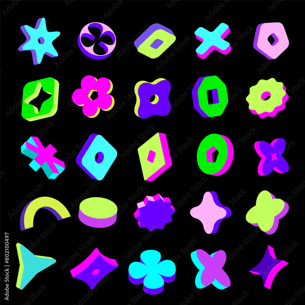 Poster retro aesthetics. 3d isometric shapes set. brutalist y2k 3d shapes and objects in bright and rich co