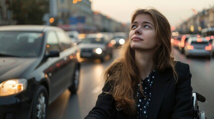 Obraz na płótnie Canvas Thoughtful young woman gazes upward amidst the glow of city lights and evening traffic.