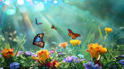 Rainbow Shower blooms and butterflies, vibrant turquoise background, wildlife and garden magazine cover, brilliant natural light, full page display