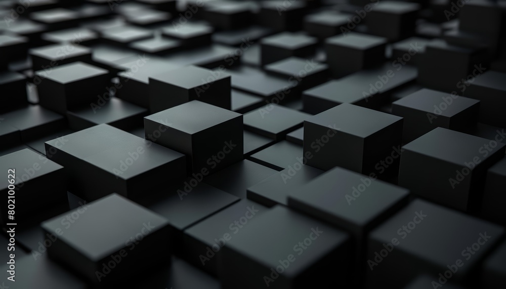 Poster background of a studio showcase, highlighted by black cubes of different sizes arranged in an intrig