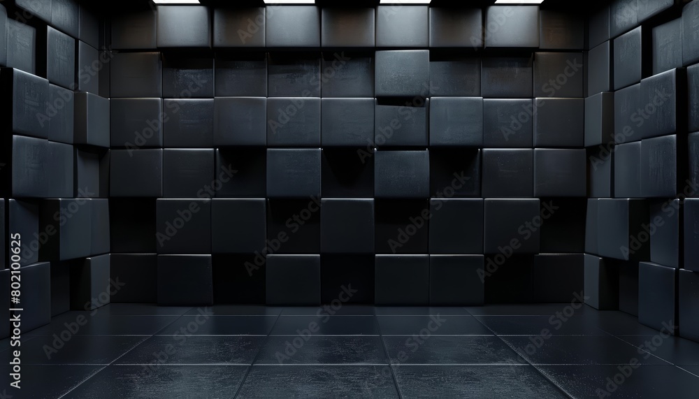 Poster background of a studio showcase, highlighted by black cubes of different sizes arranged in an intrig