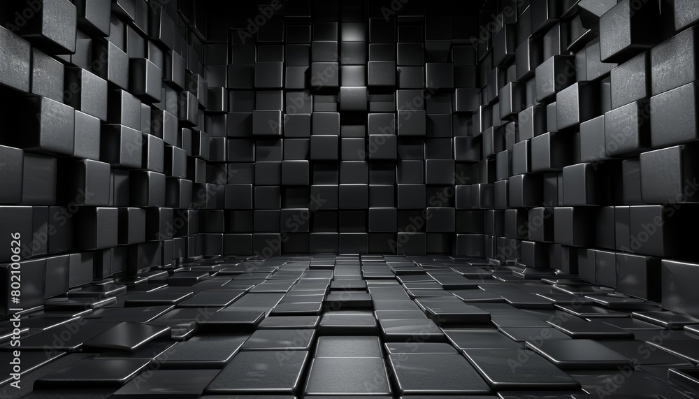 Poster background of a studio showcase, highlighted by black cubes of different sizes arranged in an intrig