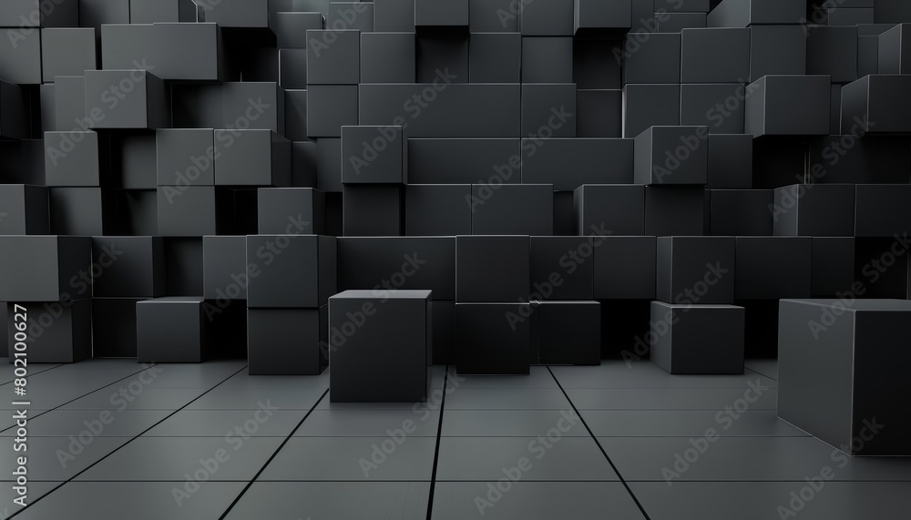 Poster background of a studio showcase, highlighted by black cubes of different sizes arranged in an intrig