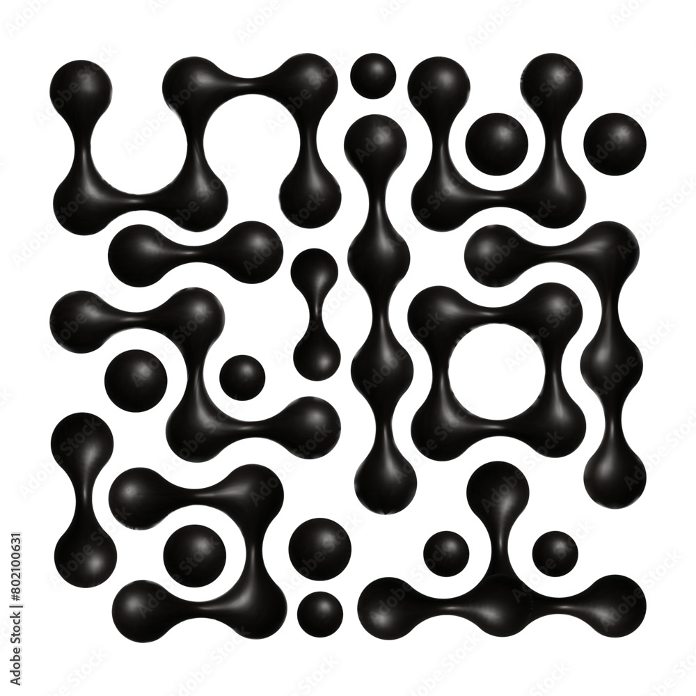 Poster 3d metaball connect balls set. black meta ball circle with matte plastic three dimensional surface e
