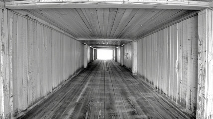 A long, narrow hallway with wooden walls and floors