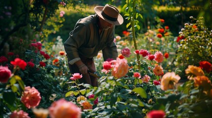 A gardener pruning roses in a lush, blooming garden.