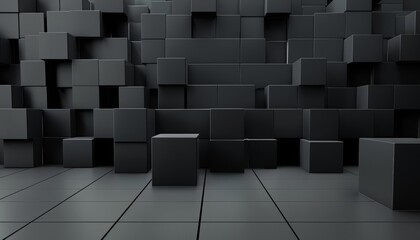 Background of a studio showcase, highlighted by black cubes of different sizes arranged in an intriguing pattern, Sharpen 3d rendering background