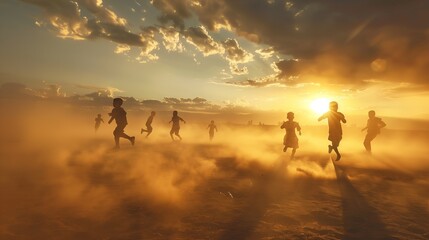 A group of children playing soccer on a dusty field at sunset.