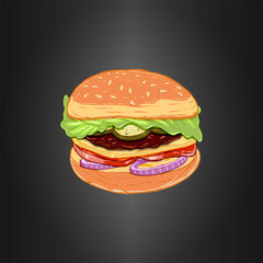 Colorful hamburger hand drawn vector illustration. Burger, big mak ink graphic art. Outline sketch for markets, shops. Clip art Poster for print. Colored menu. Isolated on black background