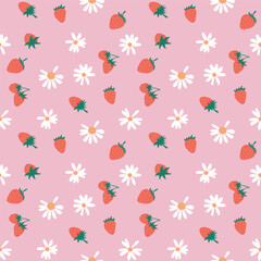 Seamless pattern with berry fruit and cute flower on white background illustration.