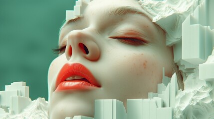 Enigmatic and surreal image depicting a woman's face with vibrant red lipstick seamlessly integrated into a mysterious white rock landscape, creating a dreamlike and sensual artistic expression