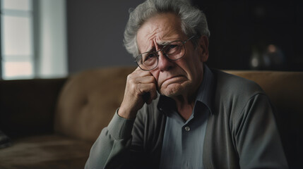 Elderly upset man crying while sitting on sofa	
