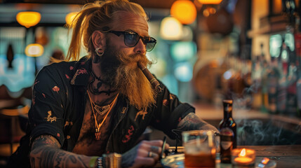 Obraz premium Fashionable Tattooed Man with Sunglasses Smoking a Cigar in a Vibrant Bar, Urban Chic Style