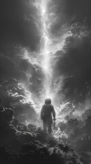 Fototapeta premium Captivating black and white image depicting an astronaut's solitary journey amongst formidable clouds illuminated by the stark contrast of ethereal lightning