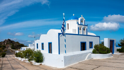 Greek orthodox chruch on the hiking trail to Oia, Thira island, Santorini, Cyclades islands, South...
