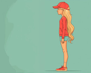 A girl in a red shirt and a red hat stands in front of a green background