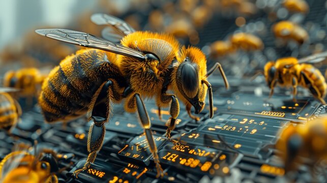 A close up of a robot bee interfacing with a digital control panel on the hive, programming environmental adaptations, The background shows other robot bees installing solar panels on the hive 