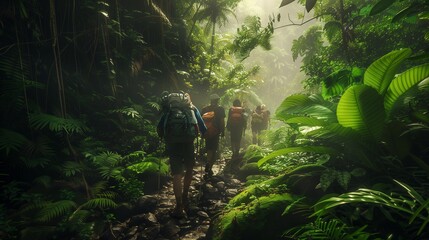 A group of friends taking a hike through a lush green forest.