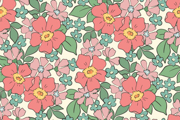 Seamless floral pattern, abstract ditsy print, liberty flower ornament in pretty spring motif. Cute botanical design: simple hand drawn large flowers, tiny leaves in drawing style. Vector illustration