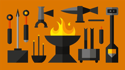 Blacksmithing The clang of metal on metal can be heard as a blacksmith demonstrates the craft of forging tools and household items in the traditional. Vector illustration