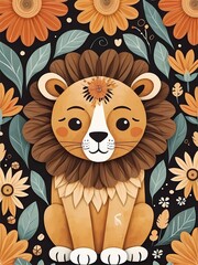 Floral Cute Baby Lion Nursery Generative AI Illustration 