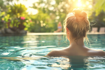A woman is in a pool, her hair is in a bun