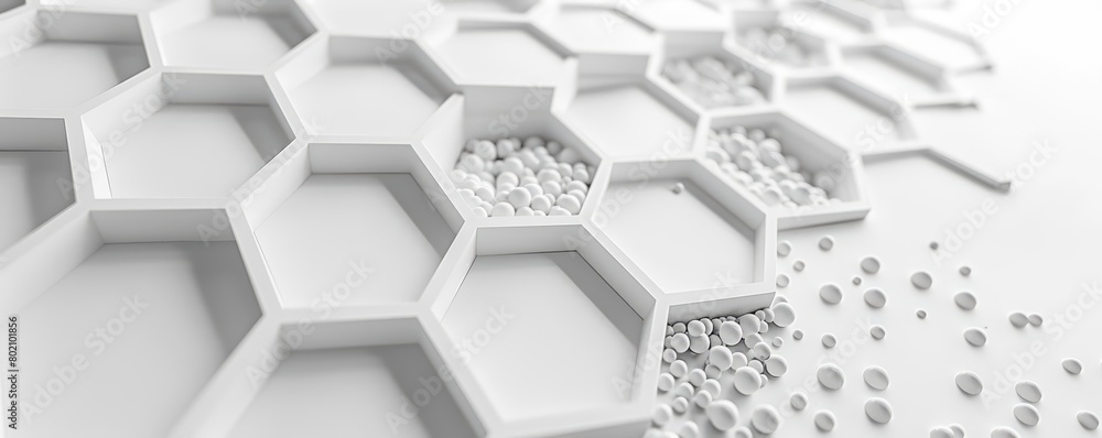 Poster hexagons pattern merges seamlessly with a dot pattern in a clean white minimalist setting, sharpen 3