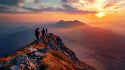 A group of hikers reaching the summit of a mountain at sunrise.