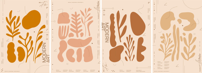 A set of four minimalistic abstract organic shapes, watercolor illustrations with modern forms, plants and leaves. Vector posters with muted colors in pastel pink, beige and brown earth tones.
