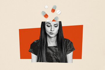 Creative image collage sad woman antidepressant pills apathy unhappy addiction mental disease...