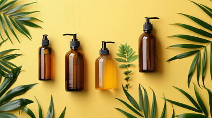 Composition of bottles with natural care cosmetics 