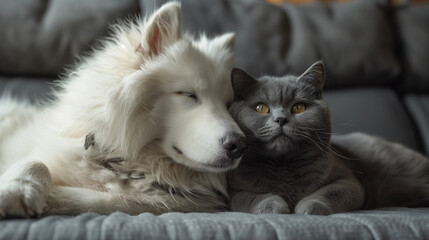 Peaceful Slumber: Samoyed Dog and British Shorthair Cat Napping Together on a Grey Couch