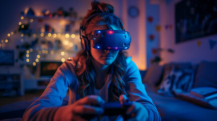 Young woman wearing a virtual reality mask plays a game via the Internet.	Life online in cyberspace.