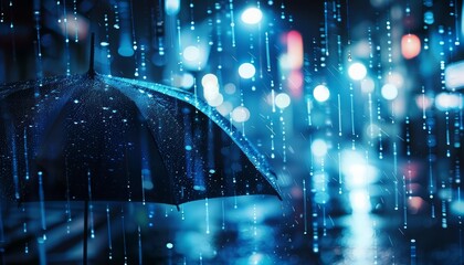 Imagine a closeup cyber concept where digital rain interacts with a traditional umbrella, Sharpen Cinematic tone with blur background and no text, logo brand in photo