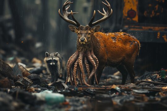 AI generated illustration of a surreal deer octopus in the rain