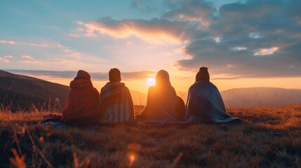 A group of people watching the sunrise from the top of a hill, wrapped in blankets.