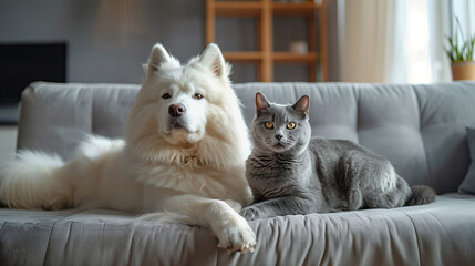 Majestic Samoyed Dog and British Shorthair Cat Poised Together on a Modern Sofa