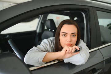 woman customer female buyer client chooses auto. Sales concept