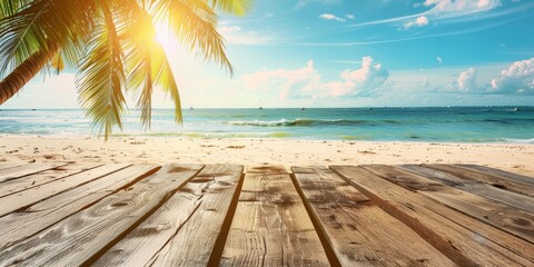 Summer Beach Scene with Palm Tree and Wooden Table Generative AI
