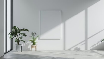 In a minimalist modern interior, a 3D mockup frame is set against a pristine white wall, creating a serene atmosphere, 3D render sharpen