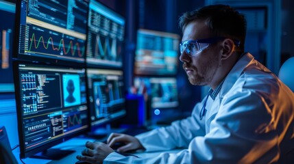 In a hightech lab, engineers develop cuttingedge software for optimizing search engine results, hitech cyber look Sharpen close up with copy space