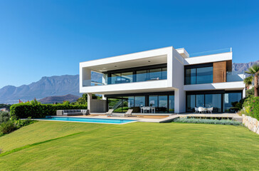Modern villa with a large lawn, white walls and a concrete floor, swimming pool on the right side of the house, overlooking mountains in the distance, blue sky